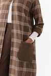 Shop_Three_Brown Round Neck Cedar Check Pattern Jacket And Pant Set _Online_at_Aza_Fashions