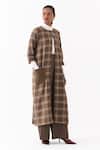 Three_Brown Round Neck Cedar Check Pattern Jacket And Pant Set _at_Aza_Fashions