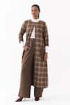 Buy_Three_Brown Round Neck Cedar Check Pattern Jacket And Pant Set _at_Aza_Fashions