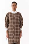 Three_Brown Round Neck Checkered Pattern Shirt With Pant _Online_at_Aza_Fashions
