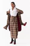 Shop_Three_Brown Cotton, Poplin Collared Plaid Pattern Jacket Skirt Set _Online_at_Aza_Fashions