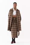 Buy_Three_Brown Cotton, Poplin Collared Plaid Pattern Jacket Skirt Set _at_Aza_Fashions