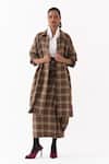 Three_Brown Cotton, Poplin Collared Plaid Pattern Jacket Skirt Set _at_Aza_Fashions
