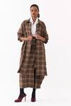 Buy_Three_Brown Cotton, Poplin Collared Plaid Pattern Jacket Skirt Set 