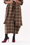 Shop_Three_Brown Cotton, Poplin Collared Plaid Pattern Jacket Skirt Set 