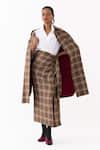 Three_Brown Cotton, Poplin Collared Plaid Pattern Jacket Skirt Set _Online