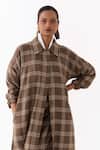 Buy_Three_Brown Cotton, Poplin Collared Plaid Pattern Jacket Skirt Set _Online