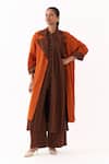 Shop_Three_Orange Wool Round Neck Stripe Pattern Kurta Pant Set With Jacket _Online_at_Aza_Fashions