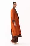 Three_Orange Wool Round Neck Stripe Pattern Kurta Pant Set With Jacket _at_Aza_Fashions