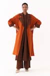 Buy_Three_Orange Wool Round Neck Stripe Pattern Kurta Pant Set With Jacket 