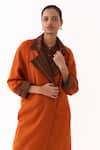 Shop_Three_Orange Wool Round Neck Stripe Pattern Kurta Pant Set With Jacket 