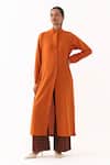 Three_Orange Mandarin Collar Flap Placket Tunic And Pant Set _at_Aza_Fashions