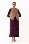 Buy_Three_Wine Twill Round Neck Quilted Vest With Midi Dress _at_Aza_Fashions