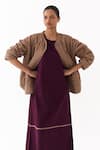 Shop_Three_Wine Twill Piping Round Neck Quilted Pattern Jacket With Midi Dress _Online_at_Aza_Fashions