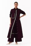 Buy_Three_Wine Corduroy Collared Kurta And Palazzo Set _at_Aza_Fashions