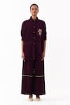 Buy_Three_Wine Corduroy Embroidery Collared Patchwork Shirt And Palazzo Set _at_Aza_Fashions
