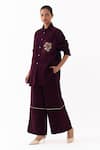 Shop_Three_Wine Corduroy Embroidery Collared Patchwork Shirt And Palazzo Set _Online_at_Aza_Fashions