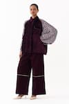 Buy_Three_Wine Velvet, Corduroy Studs Collared Jacket And High Waist Pant Set _at_Aza_Fashions