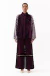 Three_Wine Velvet, Corduroy Studs Collared Jacket And High Waist Pant Set _Online_at_Aza_Fashions