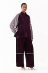 Shop_Three_Wine Velvet, Corduroy Studs Collared Jacket And High Waist Pant Set _Online_at_Aza_Fashions