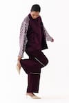Buy_Three_Wine Velvet, Corduroy Studs Collared Jacket And High Waist Pant Set 