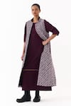 Buy_Three_Wine Velvet, Twill Piping Open Neck, Round Chevron Pattern Jacket With Dress _at_Aza_Fashions
