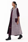 Shop_Three_Wine Velvet, Twill Piping Open Neck, Round Chevron Pattern Jacket With Dress _Online_at_Aza_Fashions