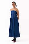 Three_Blue Denim Bandeau Neck Corset Strapless Gathered Dress _Online_at_Aza_Fashions