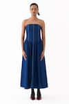 Buy_Three_Blue Denim Bandeau Neck Corset Strapless Gathered Dress _Online_at_Aza_Fashions