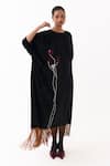 Buy_Three_Black Velvet Applique, Fringe Round Neck Poppy Kaftan 