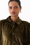 Shop_Three_Olive Green Velvet Embroidery Collared Cross Stitch Shirt _Online_at_Aza_Fashions