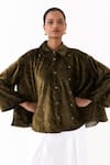 Three_Olive Green Velvet Embroidery Collared Cross Stitch Shirt _at_Aza_Fashions