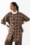 Shop_Three_Brown Round Neck Checkered Pattern Shirt _Online_at_Aza_Fashions