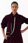 Three Wine Corduroy Piping Collared, Button-down Neck Shirt Tunic at Aza Fashions Three_Wine Corduroy Piping Collared, Button-down Neck Shirt Tunic _at_Aza_Fashions