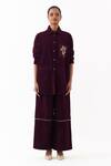 Three_Wine Corduroy Embroidery Collared Patchwork Shirt _Online_at_Aza_Fashions