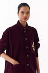 Shop_Three_Wine Corduroy Embroidery Collared Patchwork Shirt _Online_at_Aza_Fashions