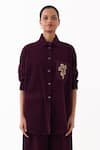 Three_Wine Corduroy Embroidery Collared Patchwork Shirt _at_Aza_Fashions