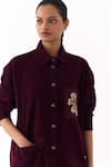 Shop_Three_Wine Corduroy Embroidery Collared Patchwork Shirt 