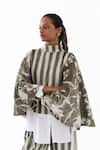 Buy_Three_Olive Green Velvet High Neck Stripe And Floral Print Poncho Top _at_Aza_Fashions