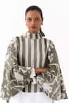 Three_Olive Green Velvet High Neck Stripe And Floral Print Poncho Top _at_Aza_Fashions
