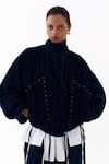 Buy_Three_Navy Corduroy Studs High Neck Drawstring Bomber Jacket _at_Aza_Fashions