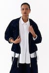 Three_Navy Corduroy Studs High Neck Drawstring Bomber Jacket _Online_at_Aza_Fashions