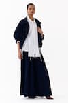 Three_Navy Corduroy Studs High Neck Drawstring Bomber Jacket _at_Aza_Fashions