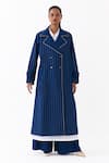 Buy_Three_Blue Denim Embroidery, Piping Collared Linear Trench Coat _at_Aza_Fashions