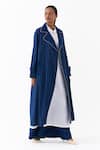 Three_Blue Denim Embroidery, Piping Collared Linear Trench Coat _Online_at_Aza_Fashions