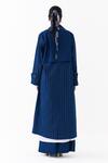 Shop_Three_Blue Denim Embroidery, Piping Collared Linear Trench Coat _at_Aza_Fashions