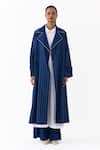 Buy_Three_Blue Denim Embroidery, Piping Collared Linear Trench Coat _Online_at_Aza_Fashions