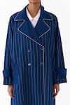 Three_Blue Denim Embroidery, Piping Collared Linear Trench Coat _at_Aza_Fashions