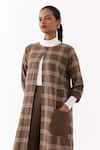 Three_Brown Round Neck Checkered Pattern Jacket _Online_at_Aza_Fashions