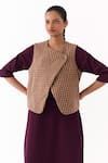 Shop_Three_Brown Round Neck Checkered Pattern Quilted Vest _Online_at_Aza_Fashions
